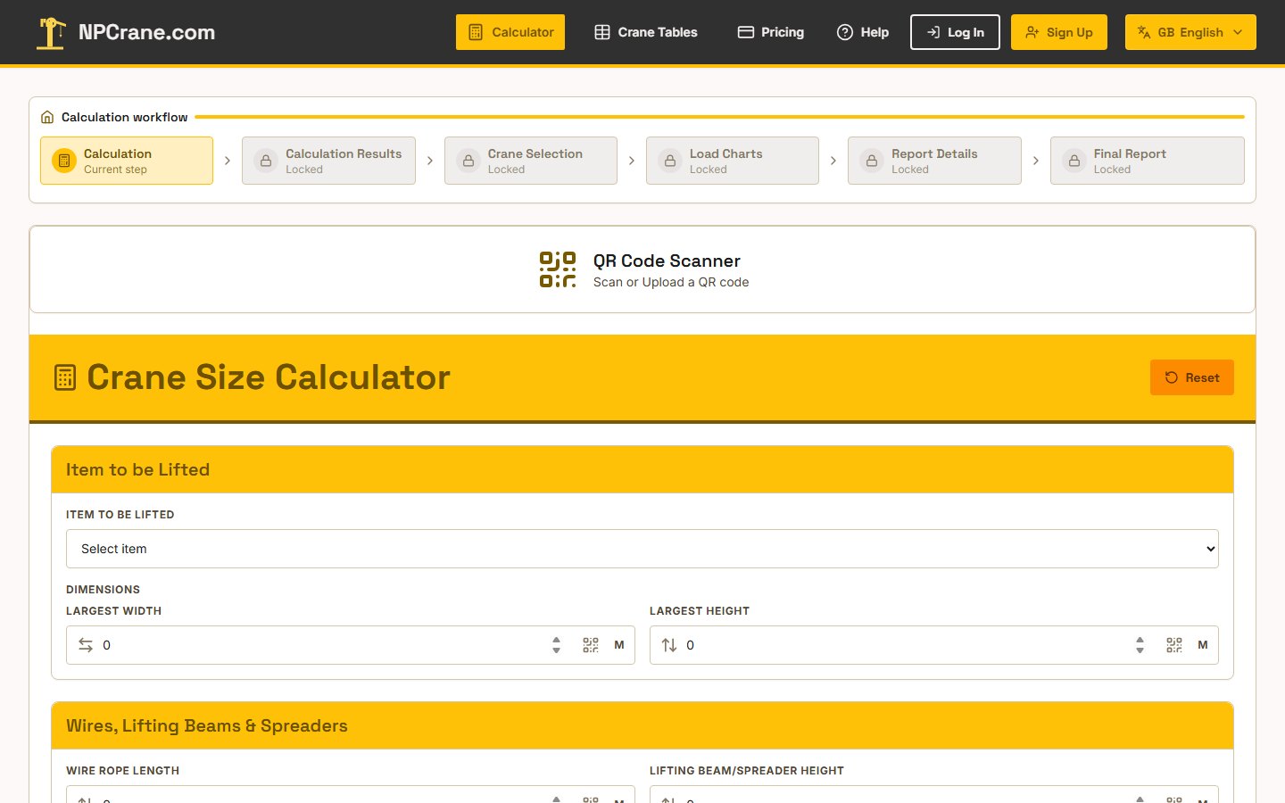 NPCrane crane size calculator interface