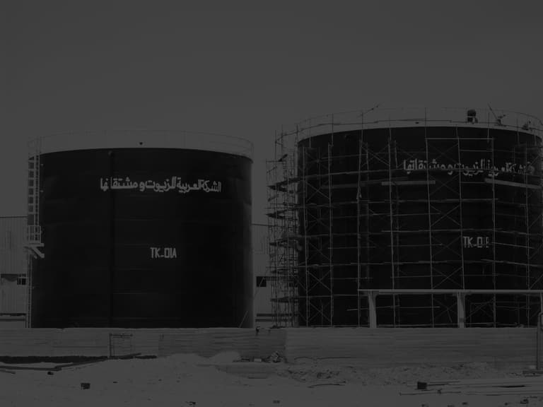 Industrial storage tanks with scaffolding