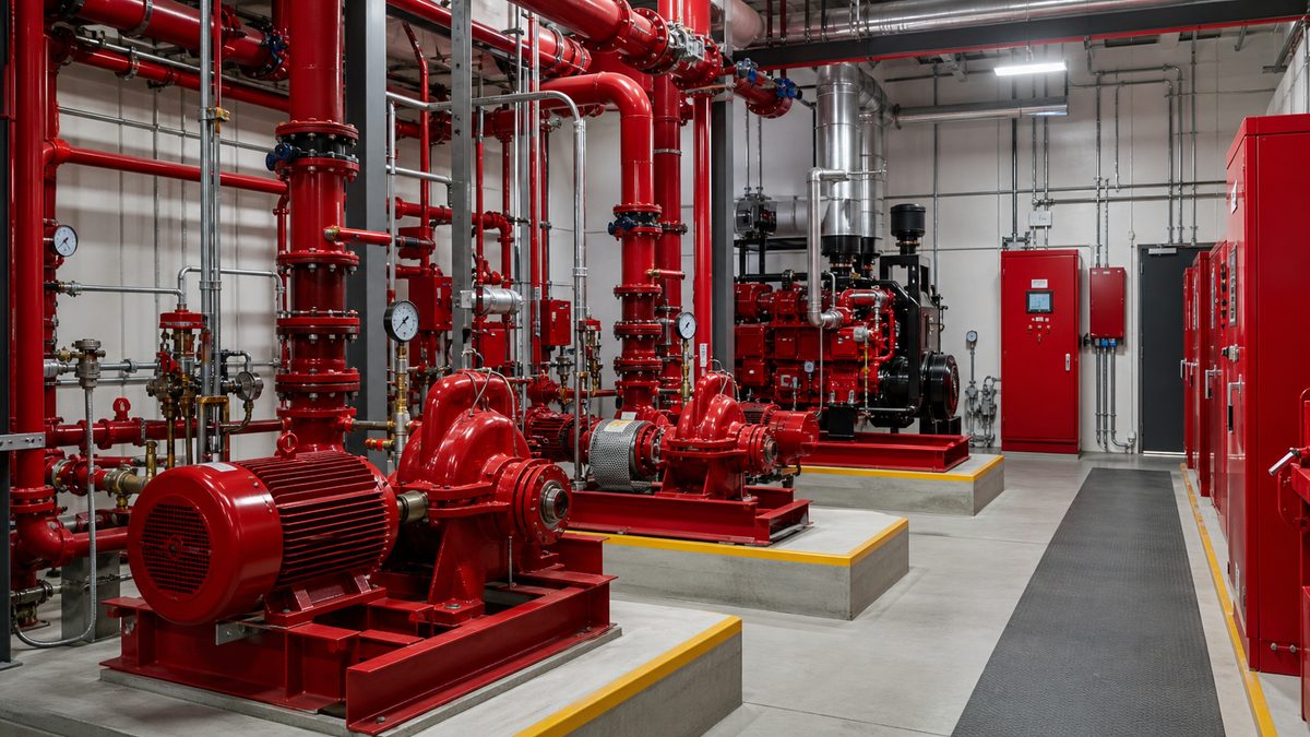 Industrial firefighting pump room with pumps, valves, and control panels